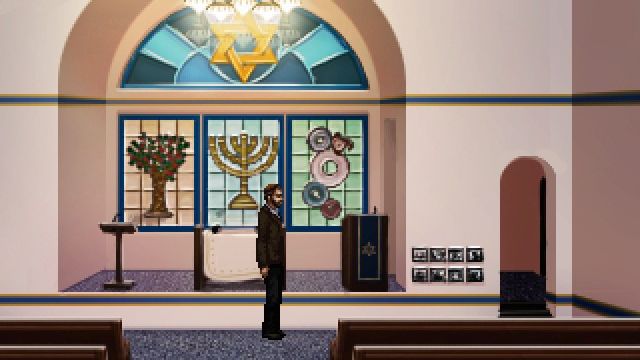 Character standing in a synagogue