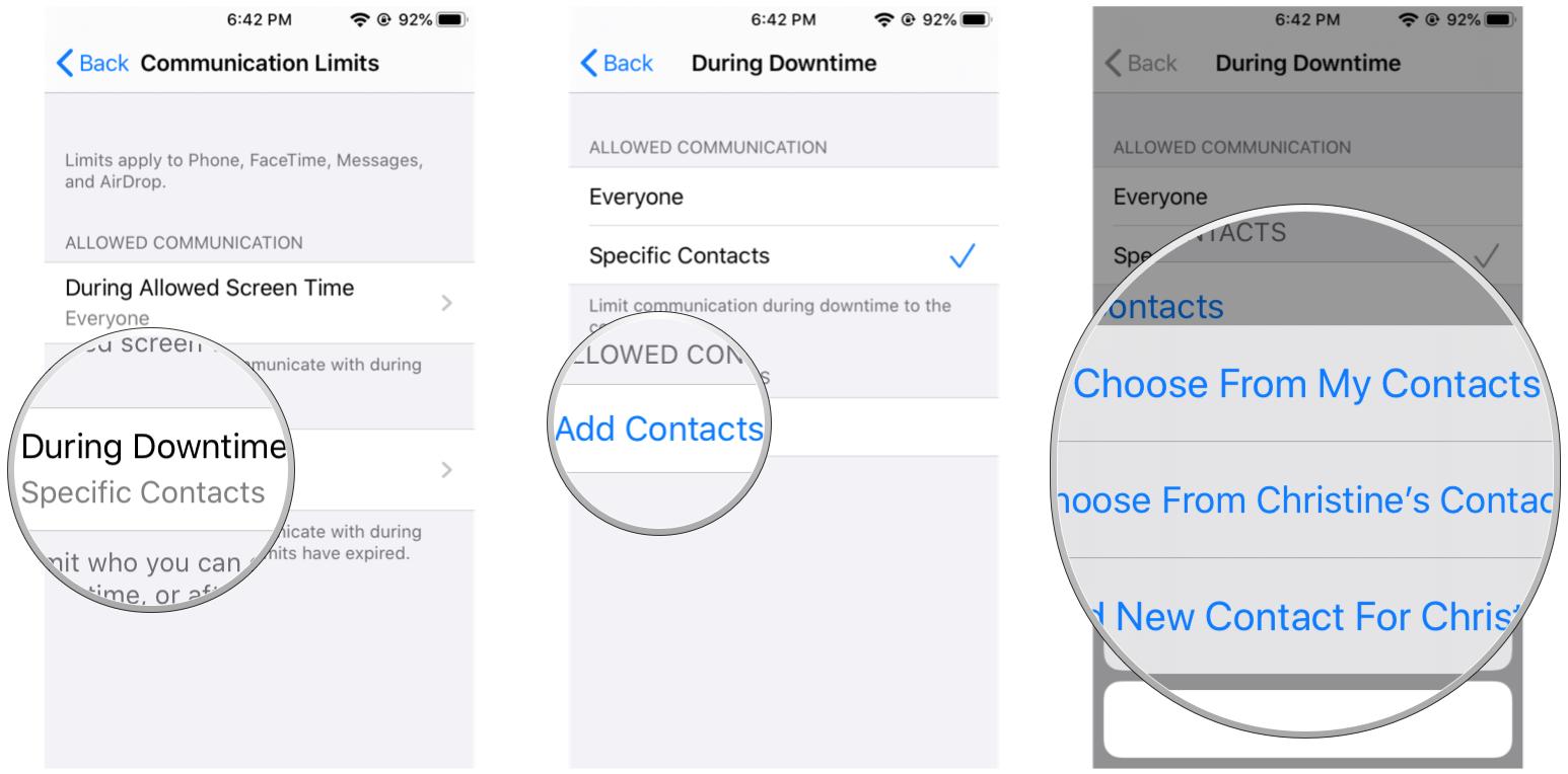 Tap During Downtime, Specific Contacts, tap Add Contacts
