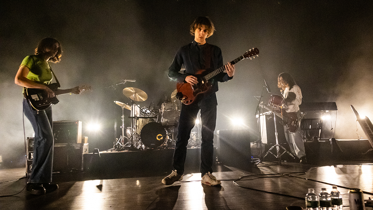 Emily Green, Cameron Winter and Dominic DiGesu of Geese at Brooklyn Paramount on November 21, 2025 in New York, New York. (Photo by Griffin Lotz/Rolling Stone via Getty Images)