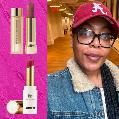 An image of a woman with long braids wearing a red baseball hat and a jean jacket next to three images of lipsticks. The lipsticks are in front of a textured fuscia background.