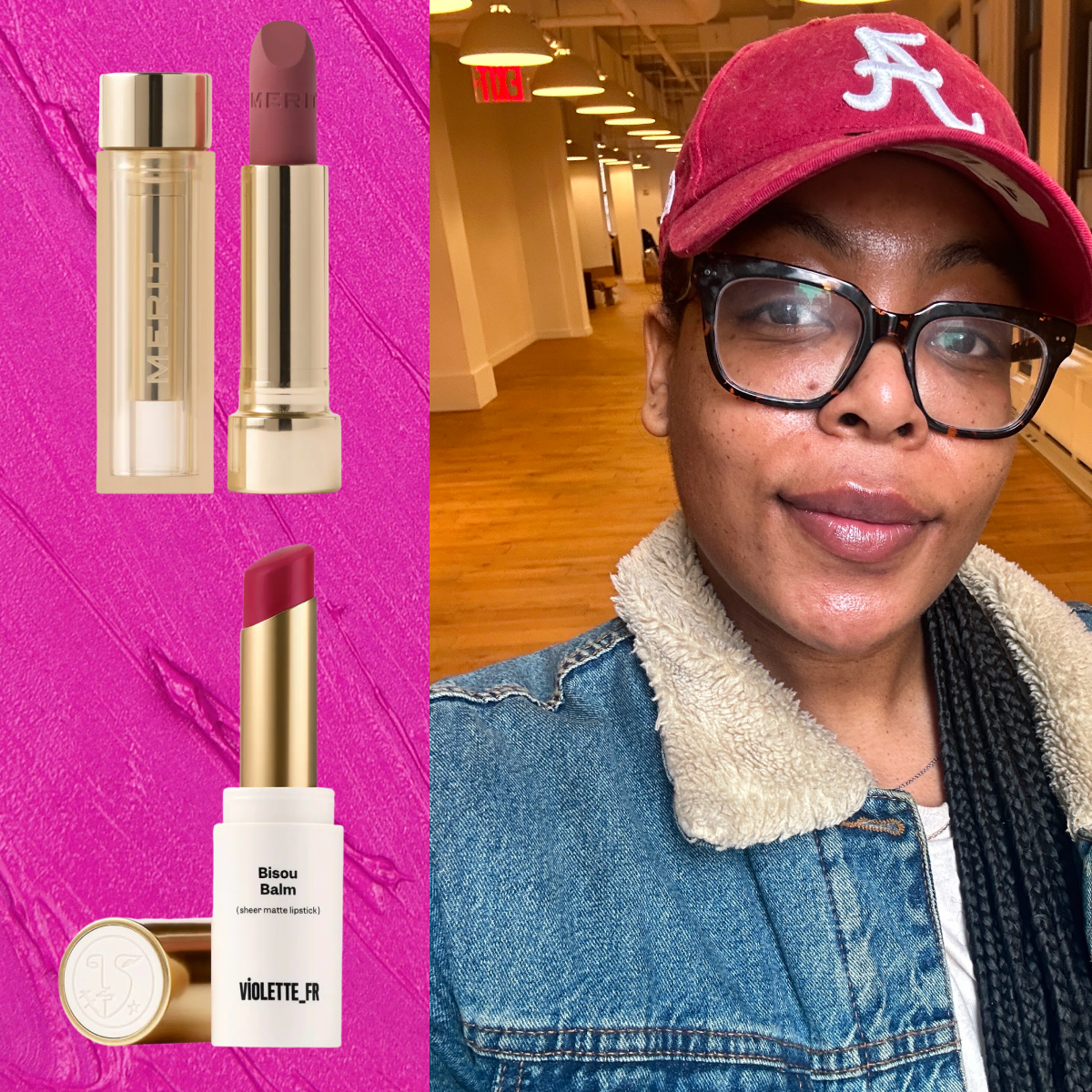 An image of a woman with long braids wearing a red baseball hat and a jean jacket next to three images of lipsticks. The lipsticks are in front of a textured fuscia background.
