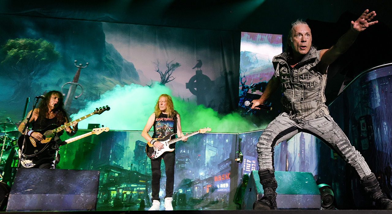 Steve Harris, Janick Gers, and Bruce Dickinson of Iron Maiden perform onstage during the Power Trip music festival at Empire Polo Club on October 06, 2023 in Indio, California.