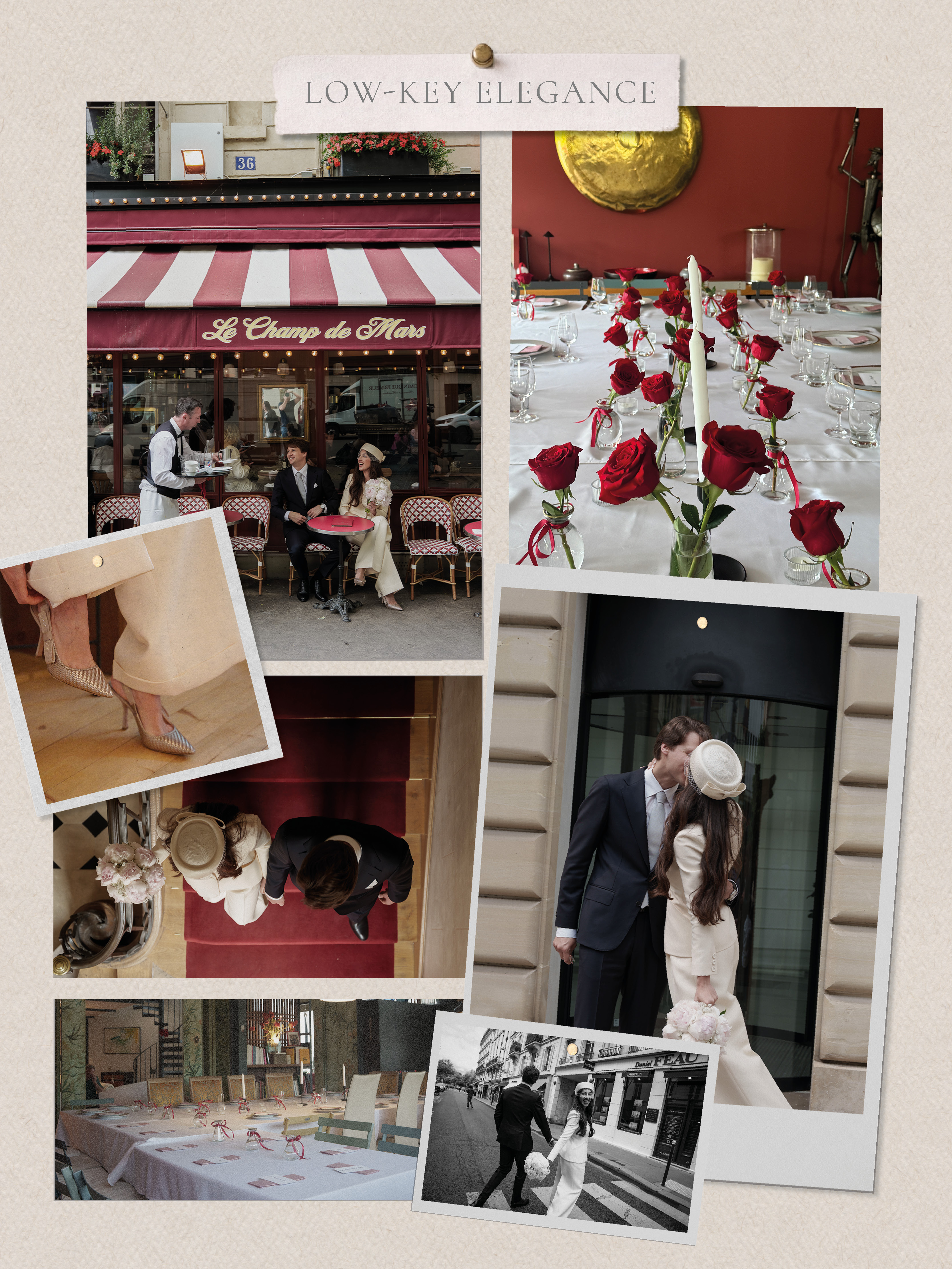 a 2026 wedding trends collage showing details from lara cantalapiedra's low key elegance registry office wedding