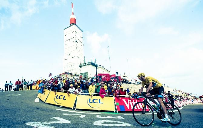 Tour de France leader Chris Froome (Sky), rounding the final corner on the Mont Ventoux ascent, is moments away from a historic stage win