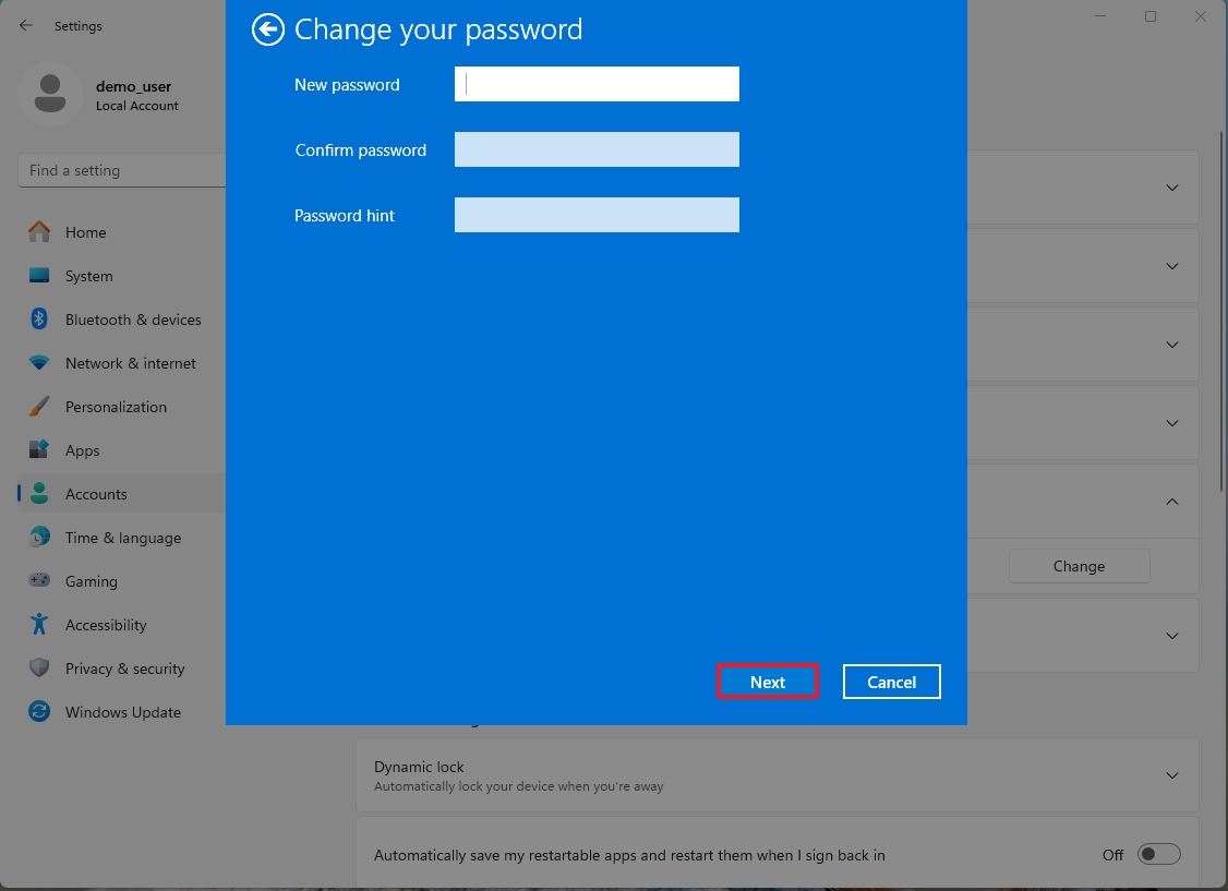 Change password local account