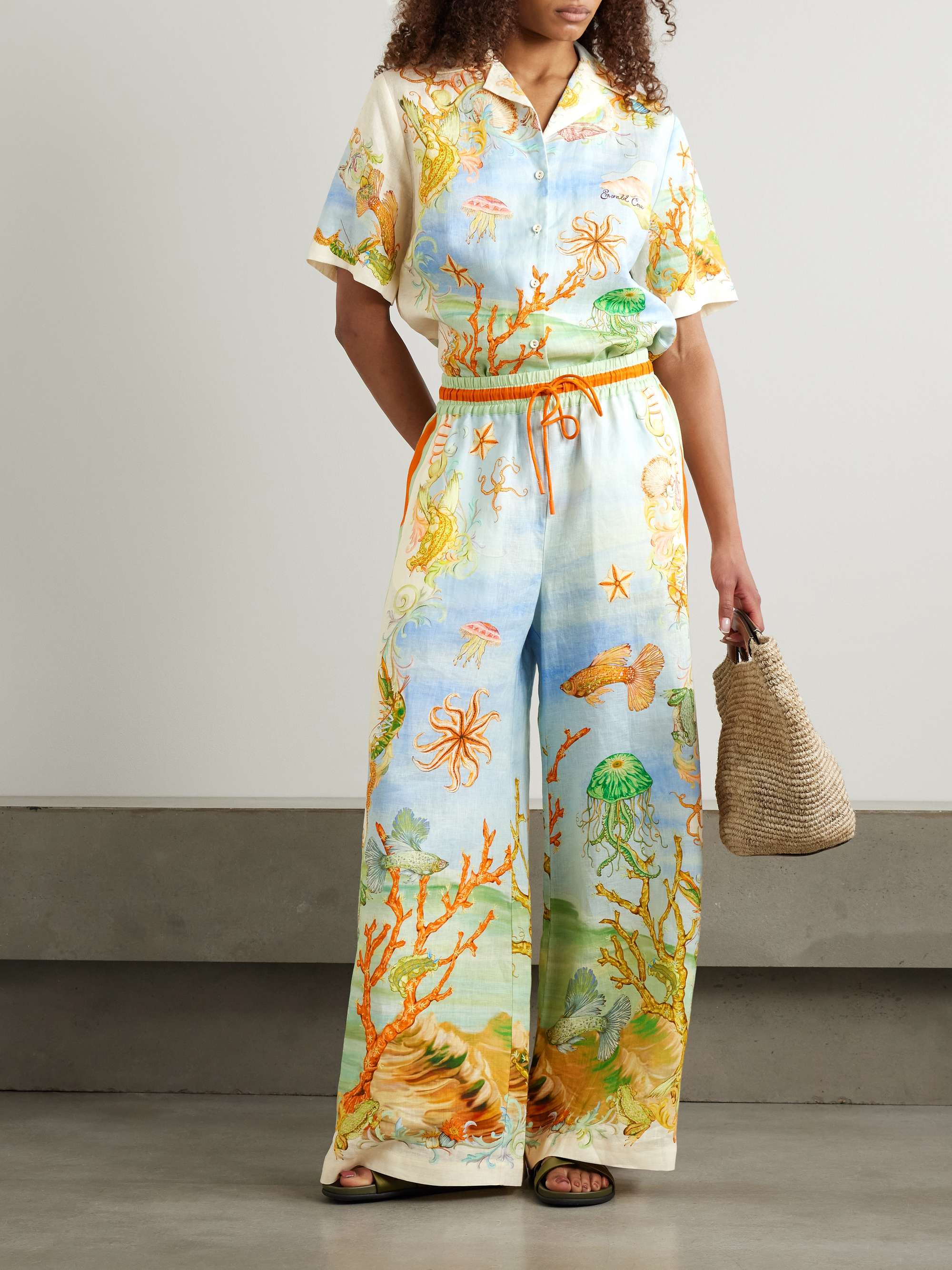 + Sam Pauletto Emerald Cove Printed Linen-Gauze Wide-Leg Pants