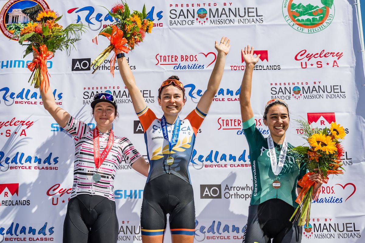 Redlands Bicycle Classic stage 1 podium (l-r): second place Maeghan Easler (DNA Pro Cycling), winner Mara Roldan (Cynisca Cycling) and third place Alia Shafi (Fount Cycling)