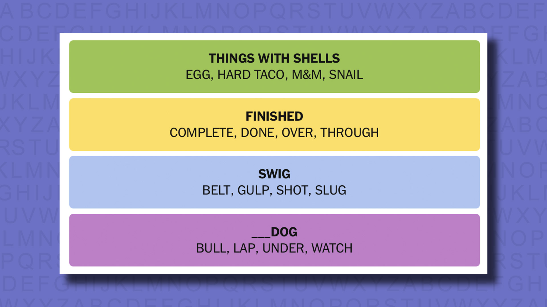 NYT Connections answers for game 821 on a purple background