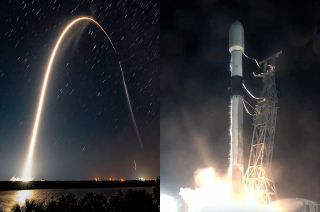 A bright streak follows the path a spacex falcon 9 rocket followed to climb into space (at left) and a black and white spacex falcon 9 rocket launches into a night sky.