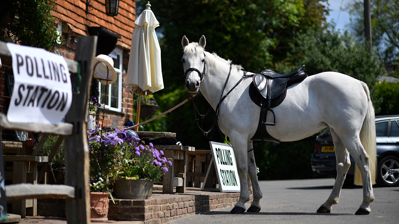 A horse stands outside a polling station, set up in a pub, as it's rider votes in the European Parliament elections, near Tonbridge, south east England, on May 23, 2019. - Voting got under way in Britain early on Thursday in elections to the European Parliament -- a contest the country had not expected to hold nearly three years after the Brexit referendum. (Photo by Ben STANSALL / AFP) (Photo credit should read BEN STANSALL/AFP via Getty Images)