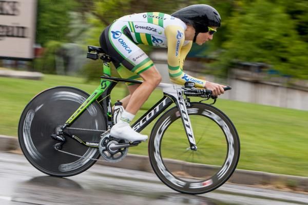 Shara Gillow (Orica-Greenedge) gets to show of her Australian National TT Champ colors.