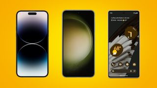 iPhone 14 Pro, Galaxy S23, and Google Pixel 7 on yellow background