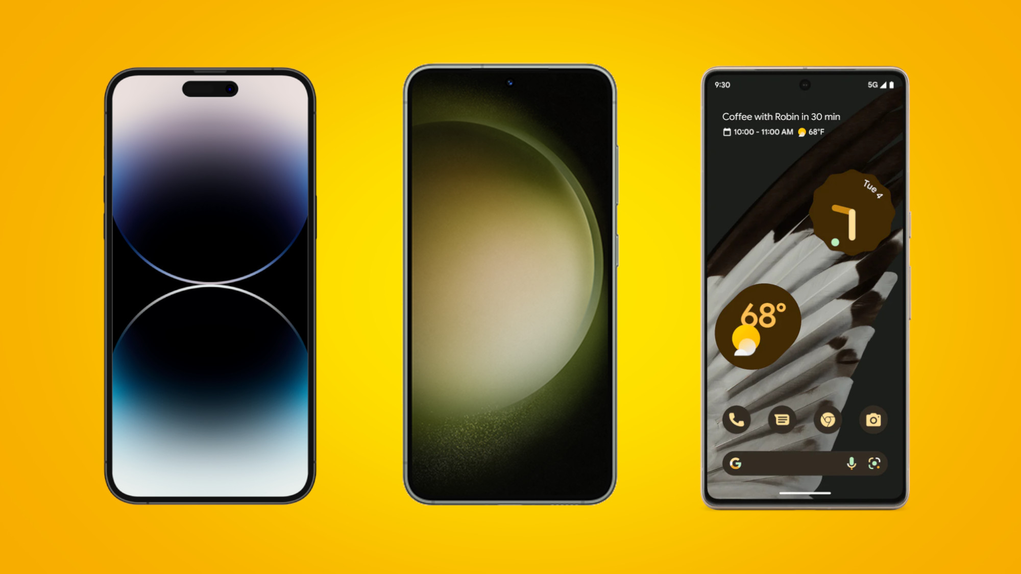 iPhone 14 Pro، Galaxy S23 و Google Pixel 7 در پس‌زمینه زرد