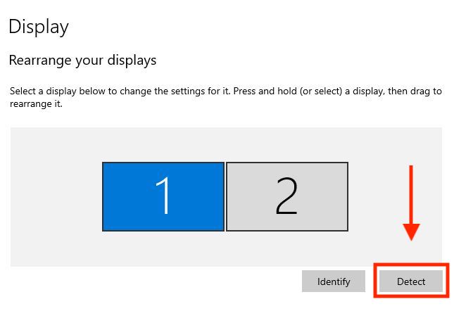 Снимок экрана с опцией обнаружения дисплея в Windows 10