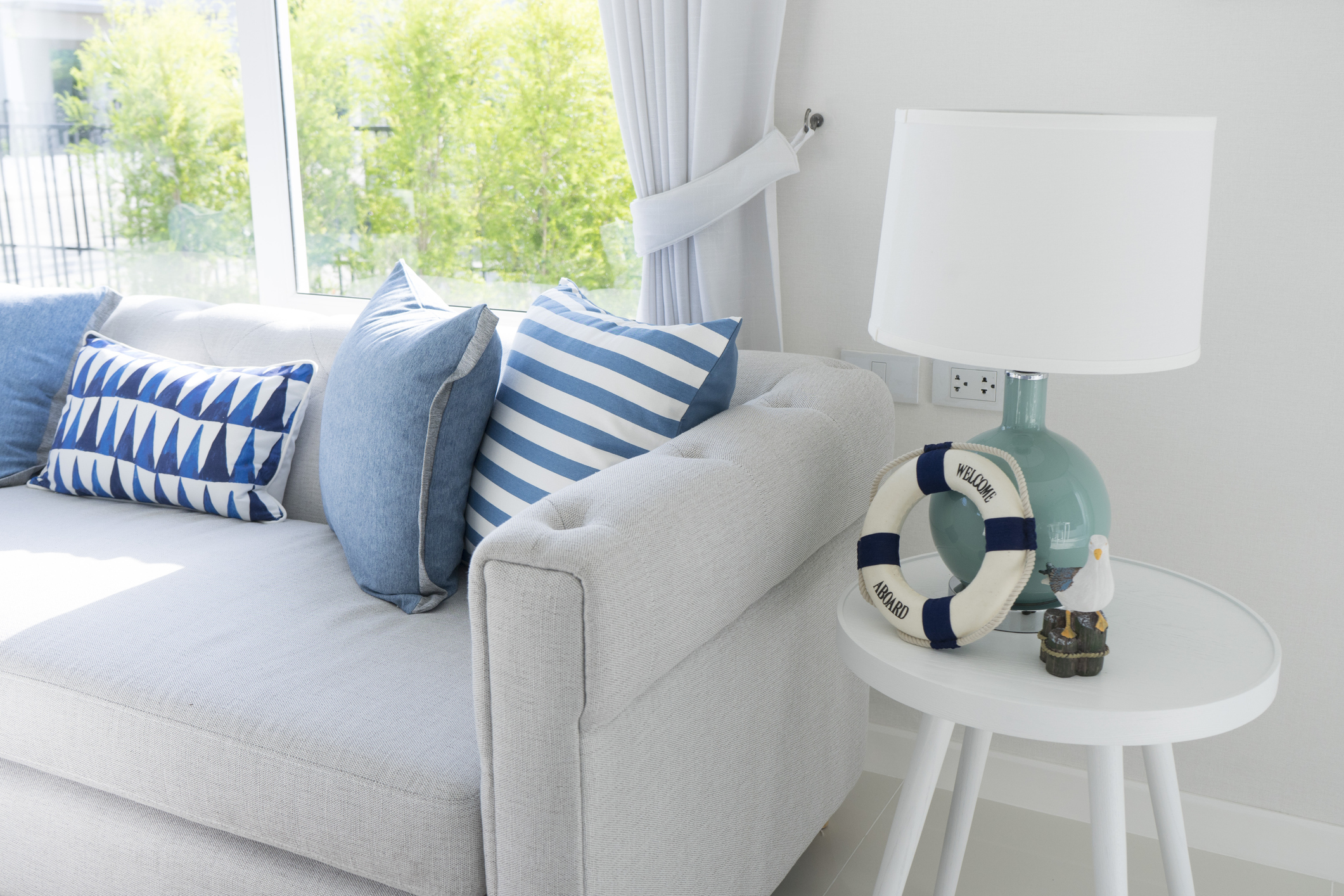 Blue table lamp in living room