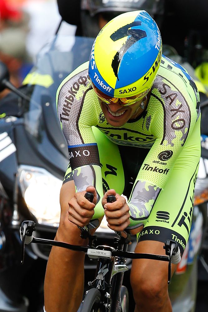 Alberto Contador suffers during stage 1.