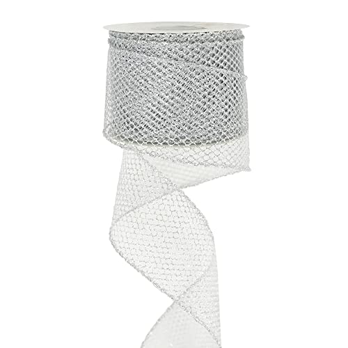 Huihuang Glitter Mesh Ribbon Silver Web Mesh Wired Ribbon Metallic Mesh Ribbon Sparkling Wire Edge Ribbon for Gift Wrapping Bow Making Home Decor Wreath Diy Crafts Tree Topper Bows-2.5&quot; X 10 Yards