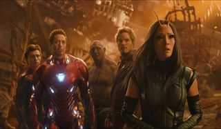 Avengers: Infinity War Spider-Man Iron Man Drax Star Lord and Mantis stand in the wreckage of Titan