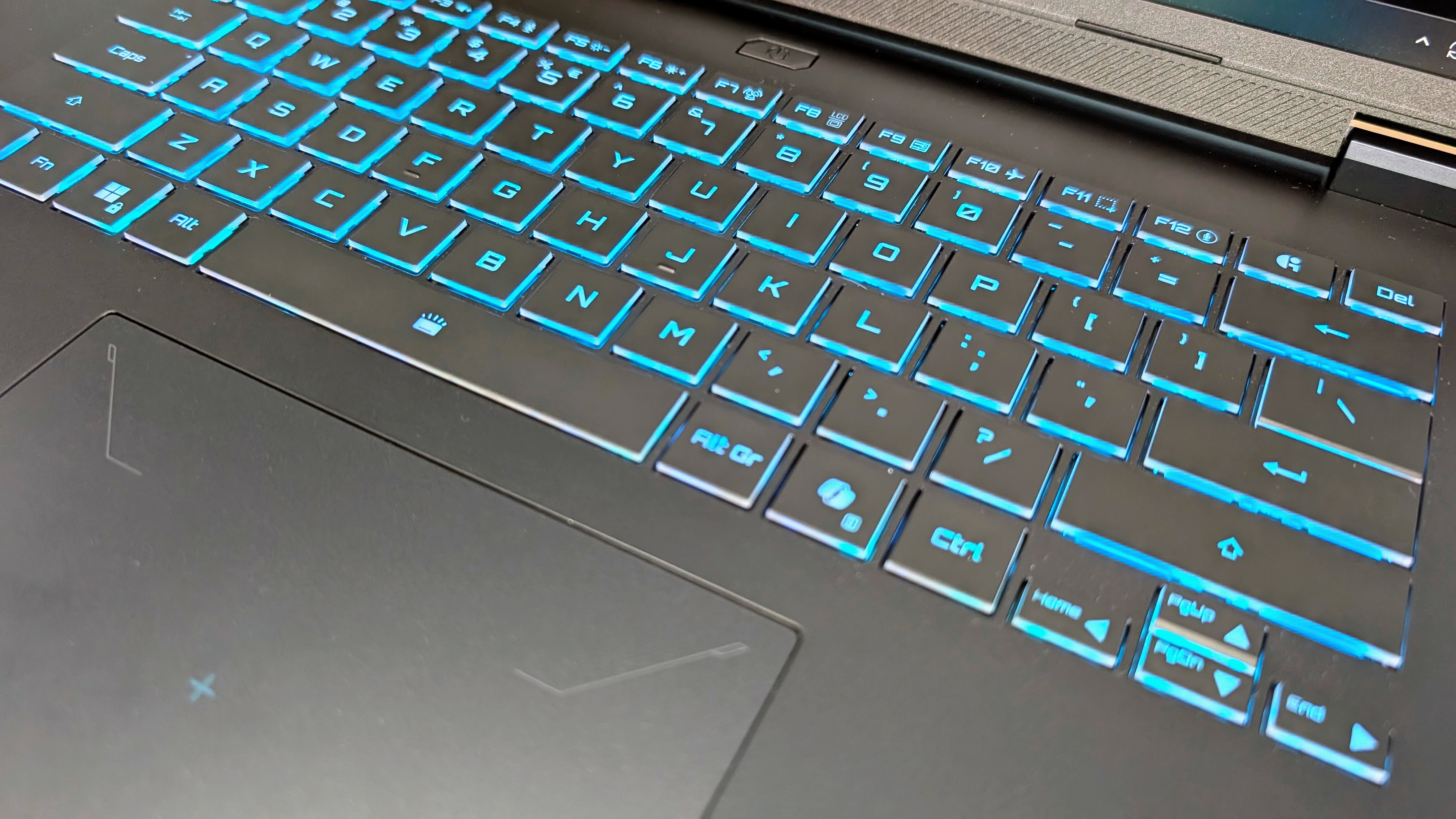 Gigabyte Gaming A16 Pro keyboard close up with trackpad