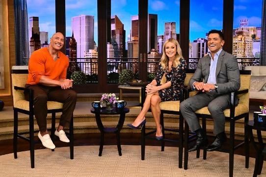 &#039;Live with Kelly and Ryan&#039; host Kelly Ripa and guest host (and husband) Mark Consuelos with guest Dwayne &quot;The Rock&quot; Johnson.