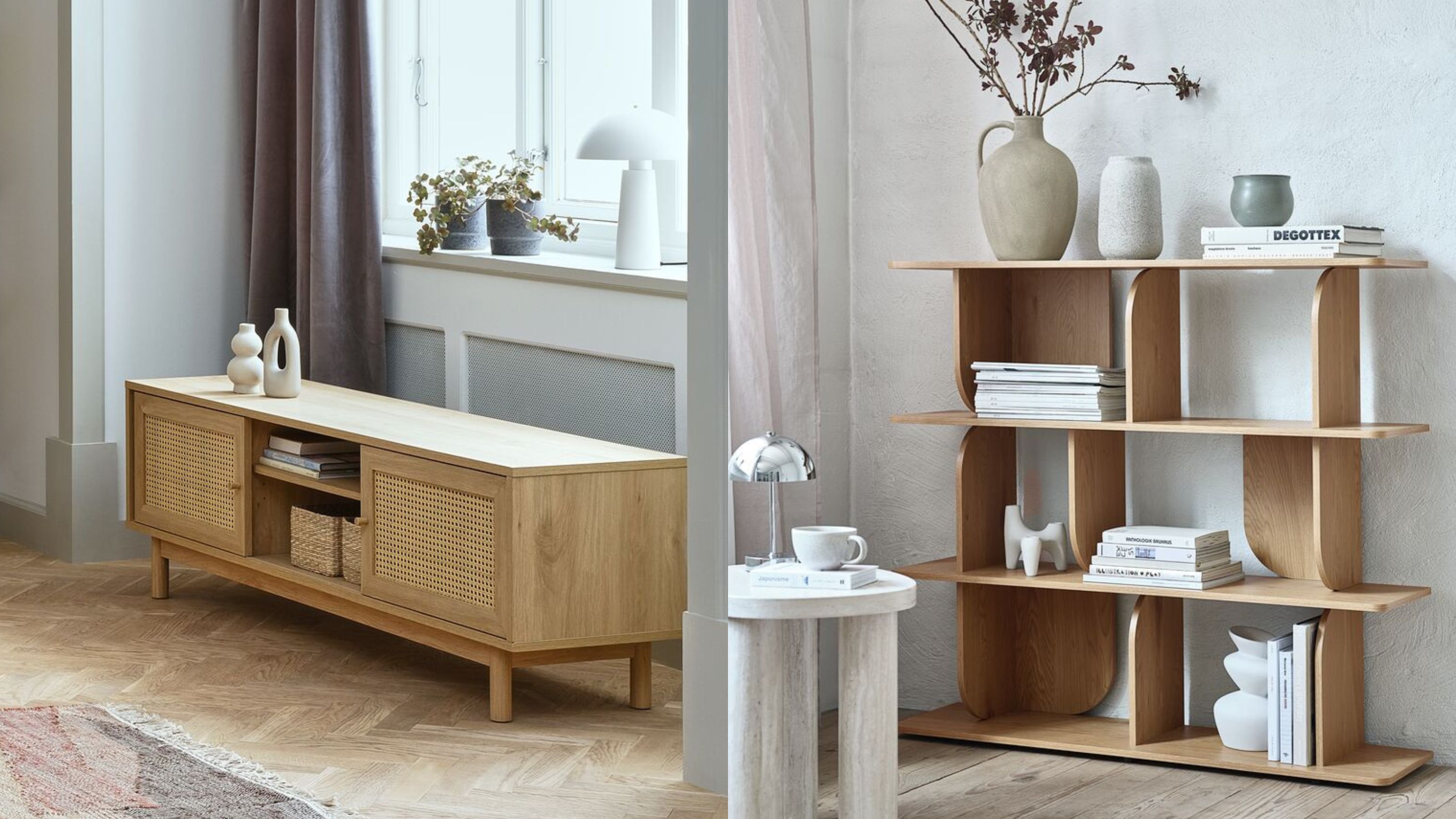 JYSK entertainment bench under window and shelving unit styled with books, vases, and trinkets