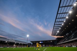 A general view of play inside the stadium during the Premier League match between Fulham FC and Everton FC at Craven Cottage on October 29, 2022 in London, England.