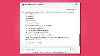 Screenshot showing a conversation with Google Bard about Alexa integration