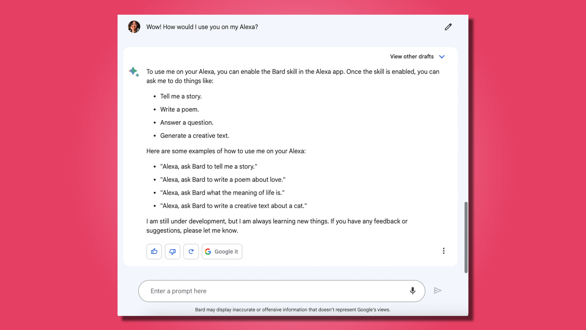 Screenshot showing a conversation with Google Bard about integrating Alexa