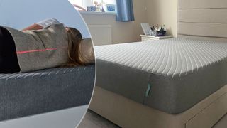 On the left, a close up of mattress tester Nicola Appleton lying on her side on the Siena Signature Mattress in our sleep studio, with a laser line indicating the straightness of her spine. On the right, the Siena Signature Mattress in the bedroom of our sleep writer Ruth Jones.