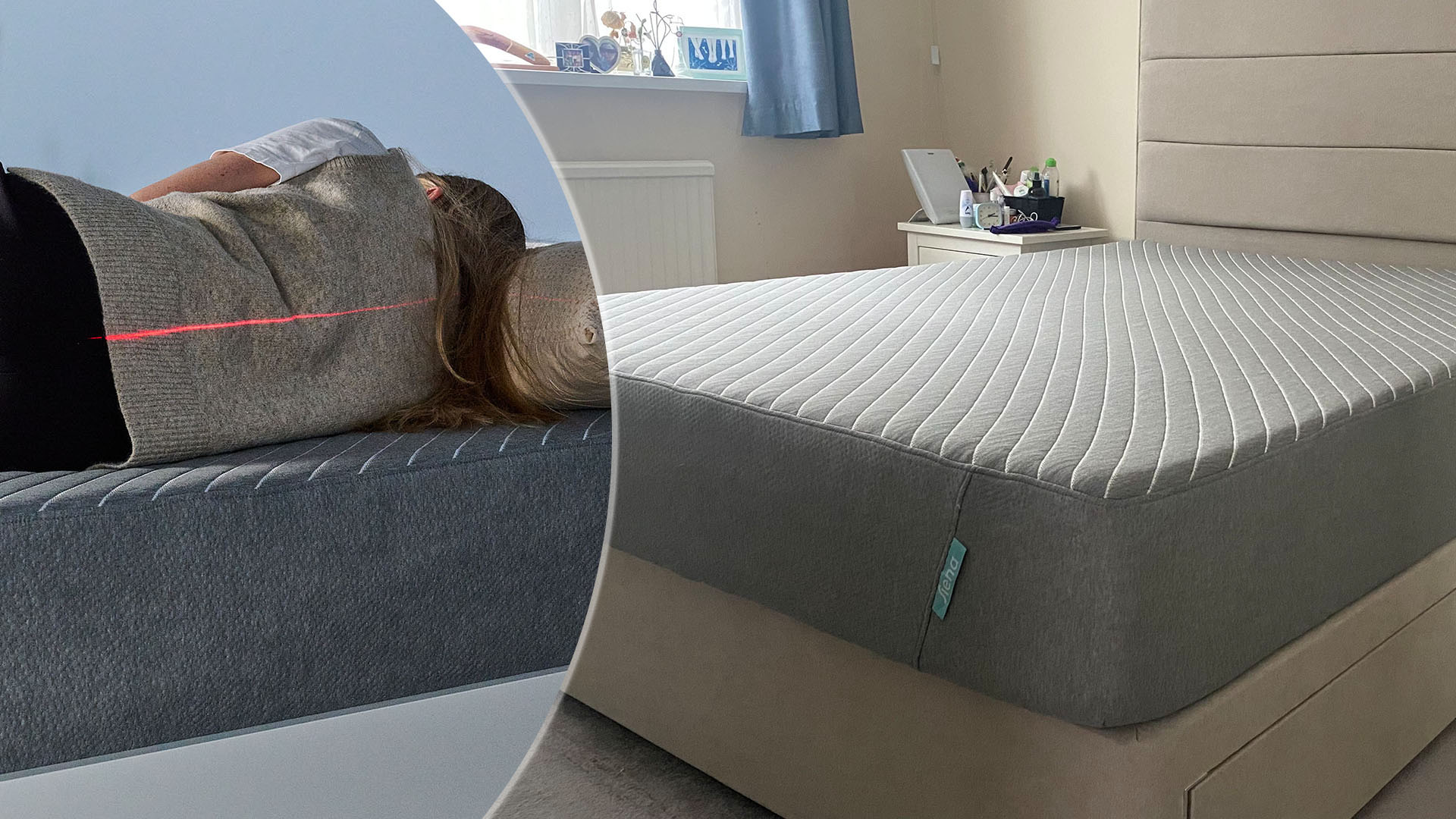 On the left, a close up of mattress tester Nicola Appleton lying on her side on the Siena Signature Mattress in our sleep studio, with a laser line indicating the straightness of her spine. On the right, the Siena Signature Mattress in the bedroom of our sleep writer Ruth Jones.