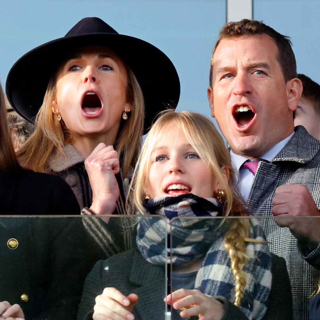 Harriet Sperling, Isla Phillips and Peter Phillips watching a horse racing and yelling