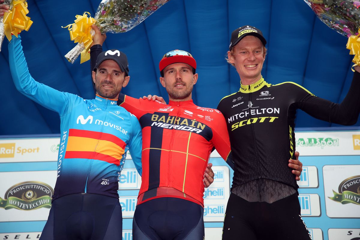 Valverde, Colbrelli and Haig celebrate on the podium