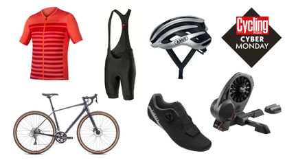 A collage of sports direct products, including a cycling jersey, bib shorts and a bike, with a Cyber Monday sticker