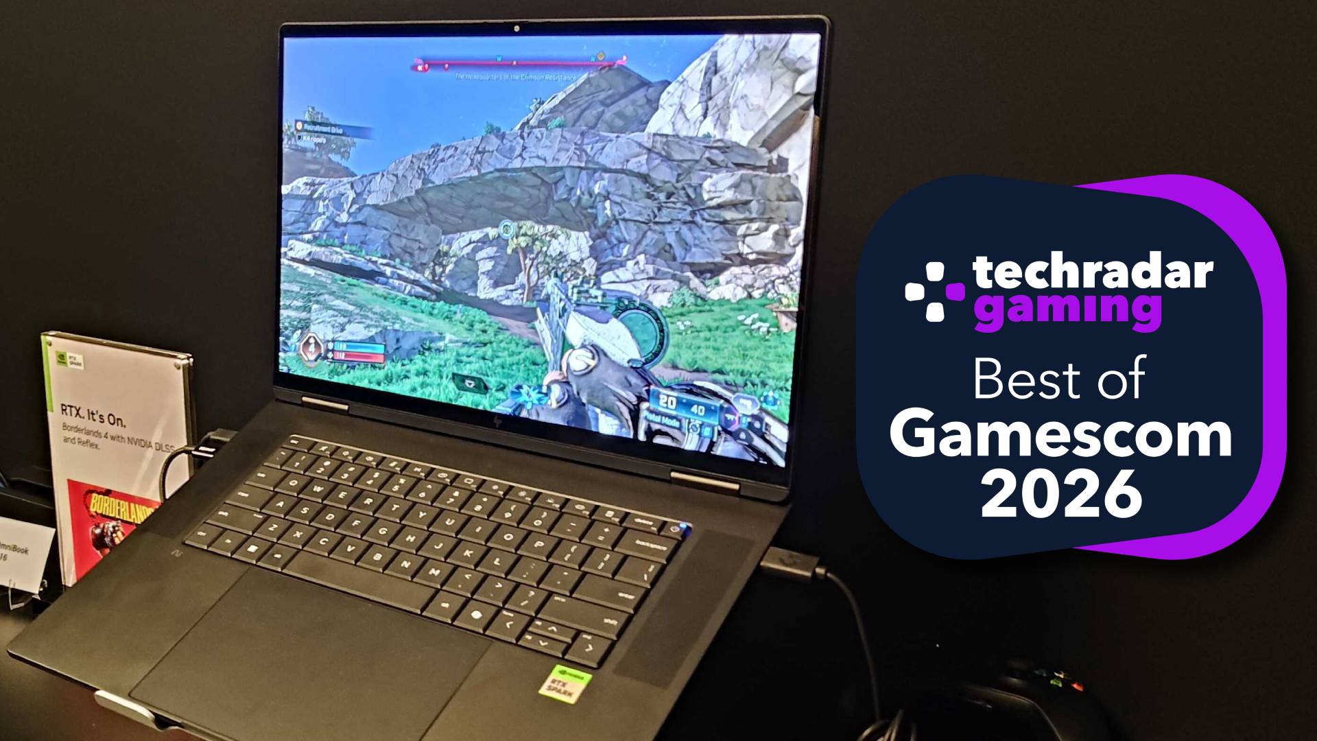 An HP RTX Spark laptop with the TechRadar Gaming Best of Gamescom 2026 badge