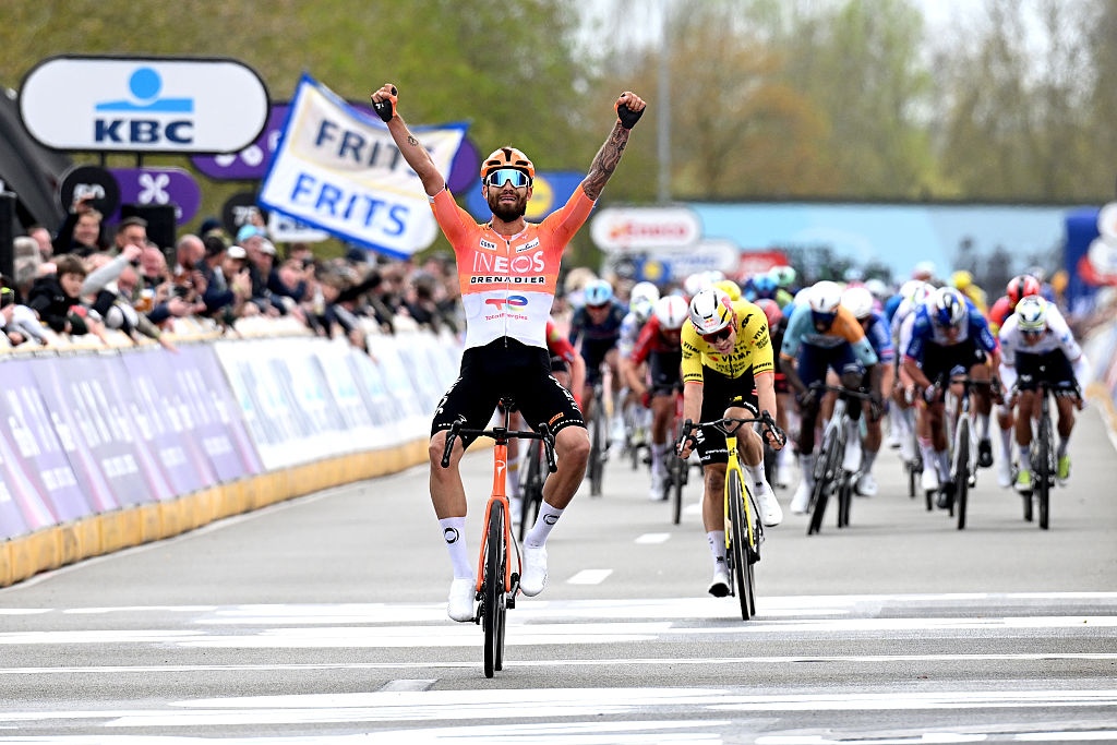WAREGEM, BELGIUM - APRIL 01: Filippo Ganna of Italy and Team INEOS Grenadiers celebrates at finish line as race winner during the 80th Dwars Door Vlaanderen 2026 - Men&amp;amp;apos;s Elite a 184.6km one day race from Roeselare to Waregem / #UCIWT / on April 01, 2026 in Waregem, Belgium. (Photo by Dario Belingheri/Getty Images)