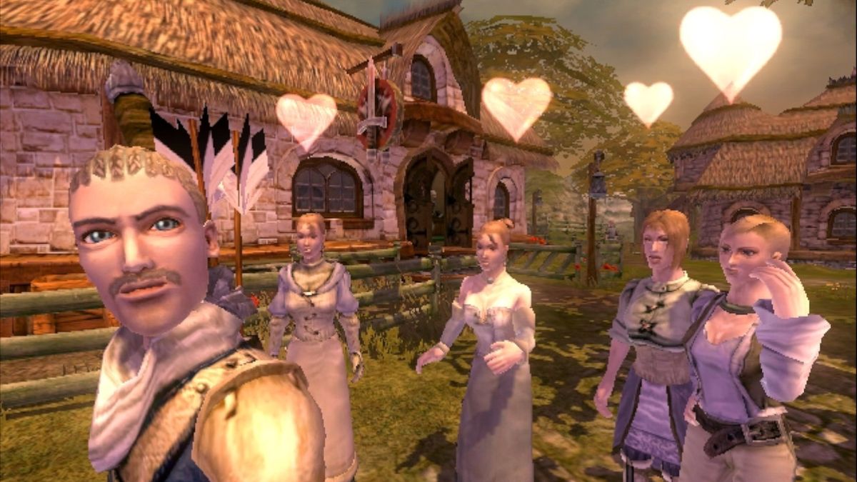 Women with lovehearts above their heads yearn for the player hero in Fable