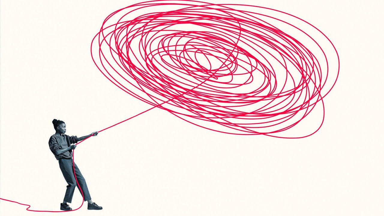 Illustration representing signs of high cortisol in women with woman pulling vibrant red rope from tangle