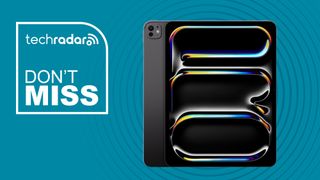 Apple iPad Pro 13 M5 on blue background with don't miss text overlay