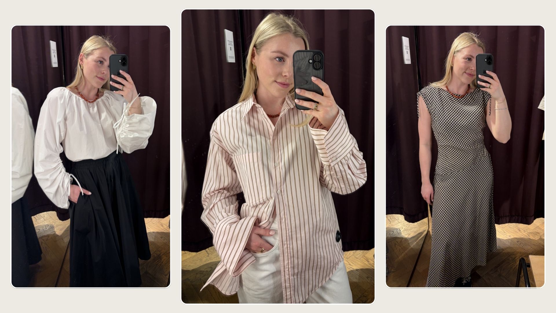 Woman wears white blouse, black skirt; woman wears striped shirt and white jeans; checked dress