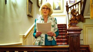 Queen Camilla speaks during a reception at Clarence House in London to mark 50 years of Refuge