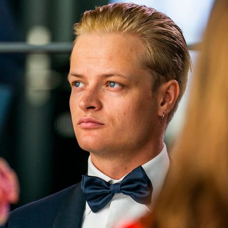 A shoulders-up shot of Marius Borg Høiby wearing a tuxedo looking serious