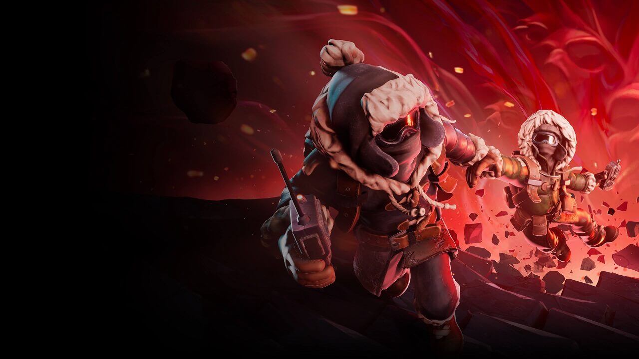 The two main characters from We Were Here Forever trying to climb crumbling stairs that are falling into a portal, one character is holding on to the other for safety