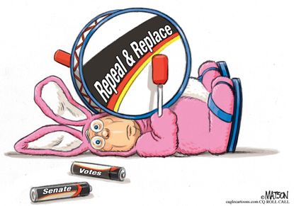 Political cartoon U.S. GOP health-care bill Mitch McConnell Energizer bunny