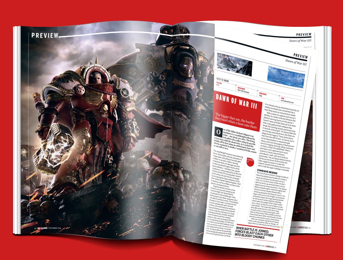Some pages from our newest issue, including Gwent: The Witcher Card Game, Dawn of War III and the making of Fort Frolic in BioShock.