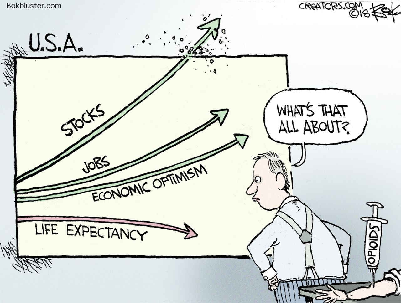 Political cartoon U.S. economy growth stock market life expectancy opioid crisis