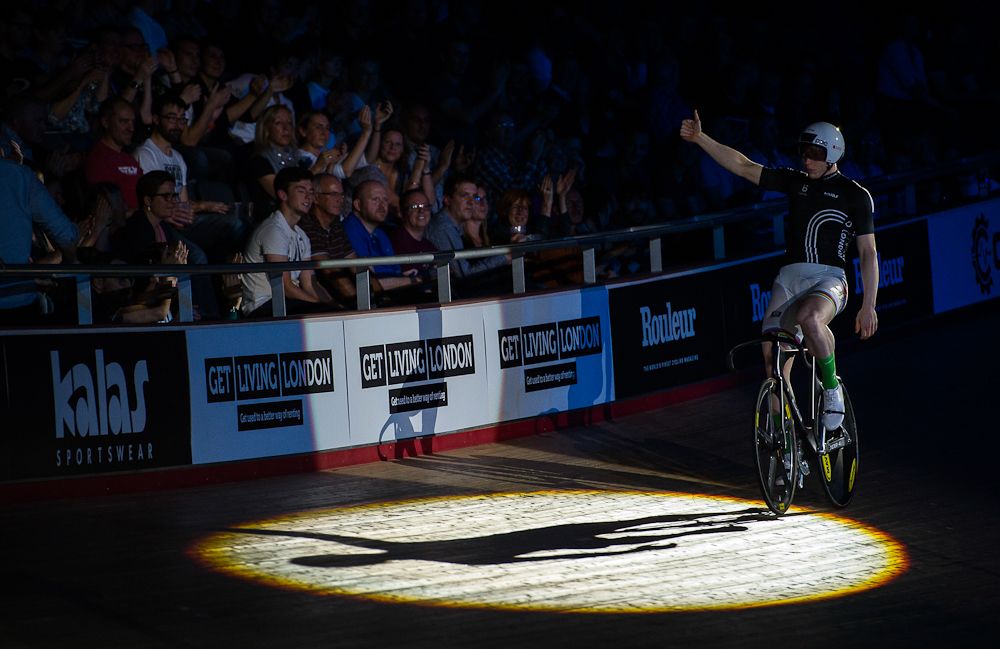 Joachim Eielers of Germany celebrates winning the sprinters at the Six Day London