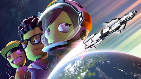 Kerbal Space Program 2 key art showing kerbals avoe earth