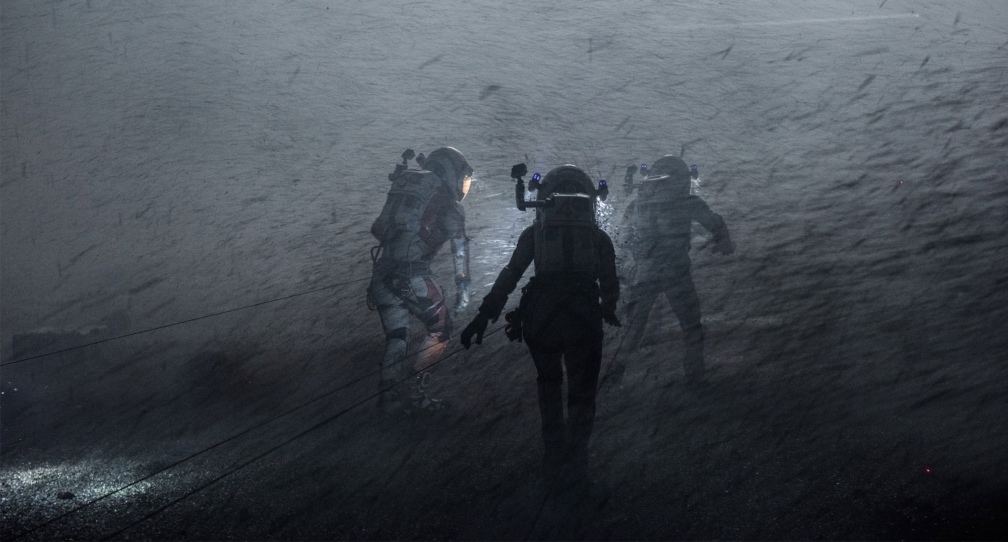 Astronauts battle their way through a fierce dust storm in the movie &quot;The Martian.&quot;