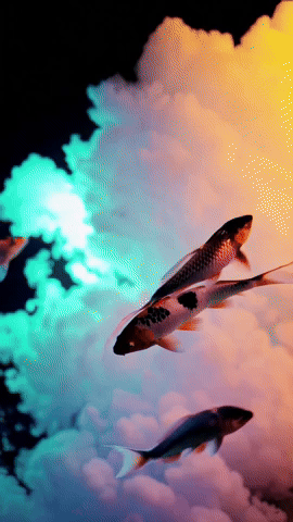 A GIF of colorful koi fish swimming through neon clouds.