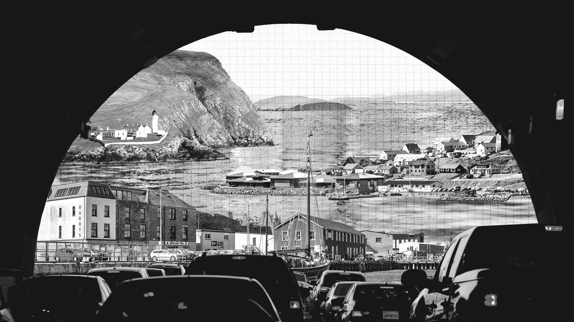Photo collage of cars driving out of a tunnel with a view of Shetland Islands